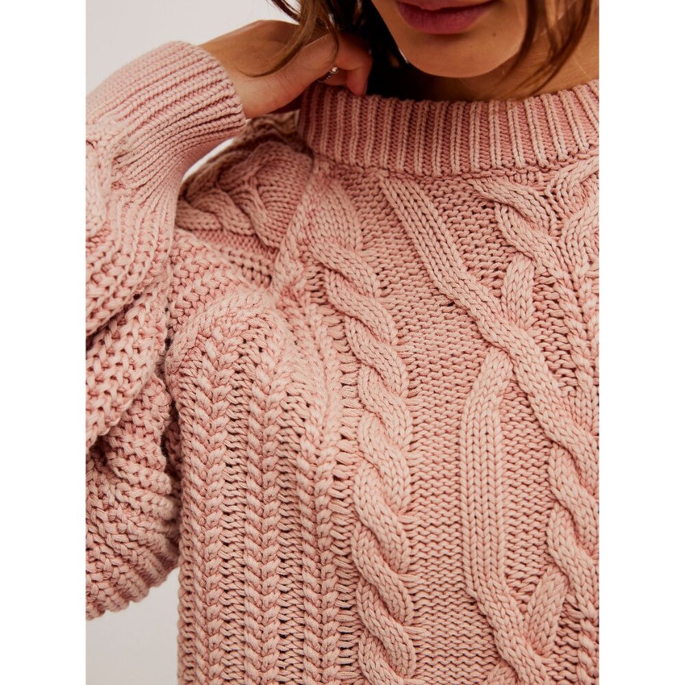 FREE PEOPLE Frankie Cable Knit Cotton Sweater / Misty Rose - Picture 4 of 6